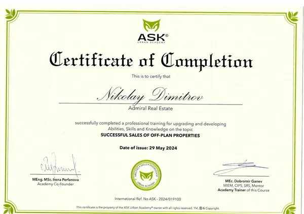 Николай Димитров - Certificate of Completion - Successful sales of off-plan properties